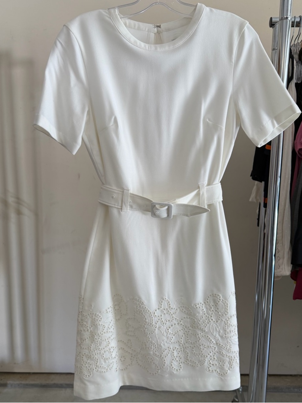 Club Monaco Cream Short-Sleeve Belted Mini Dress- Rachel Boston